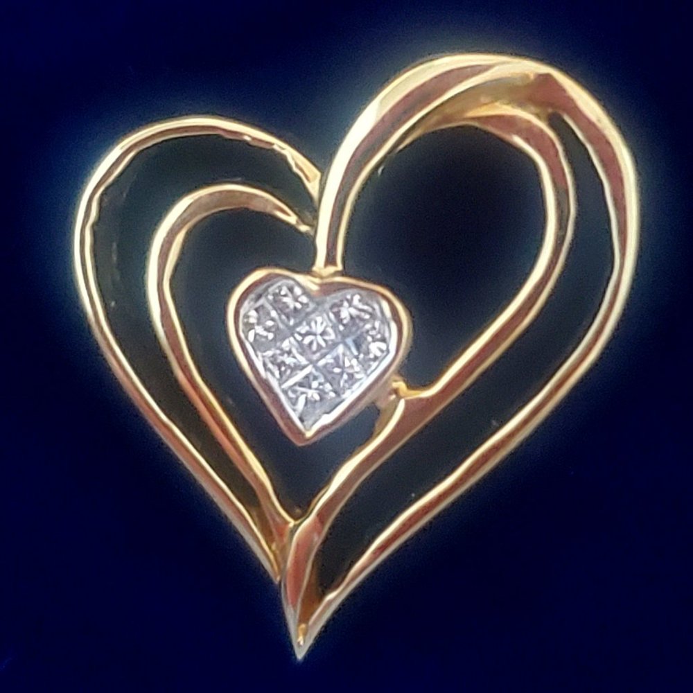 14k Yellow Gold Asymmetrical Heart pendant with Invisible Set Diamonds